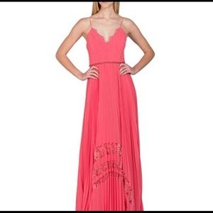 Badgley Mischka Coral Runway Pleated Lace Gown